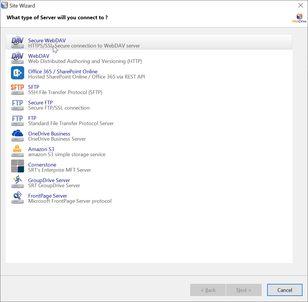 Screenshot WebDrive: choose connection